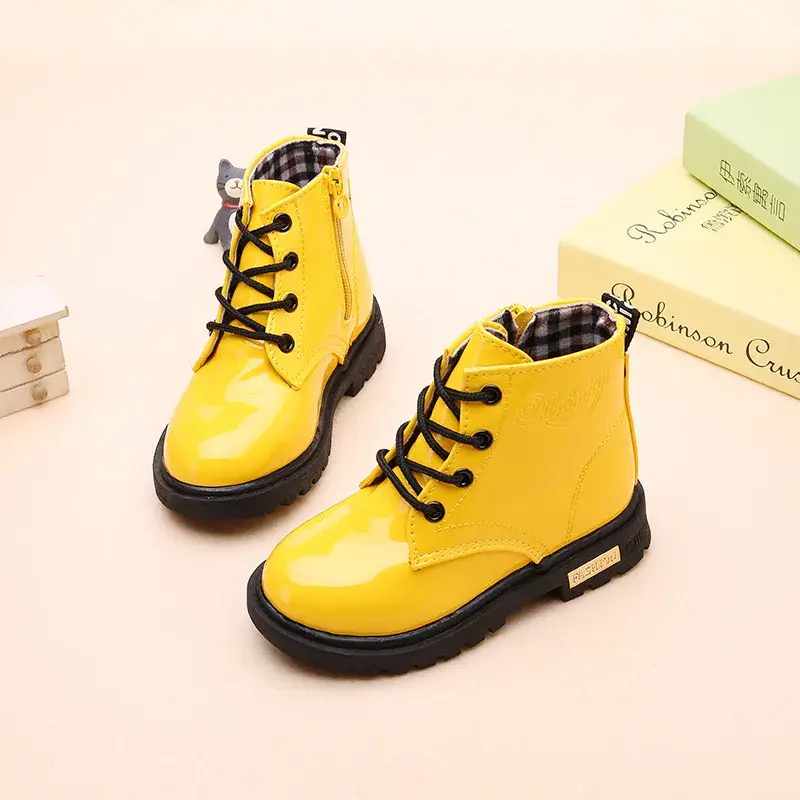 Spring Autumn Ankle Boots for Girls Black/Red/Pink/Yellow Toddler Boy Boots Children's Kids Leather Shoes Kids Waterproof A11171