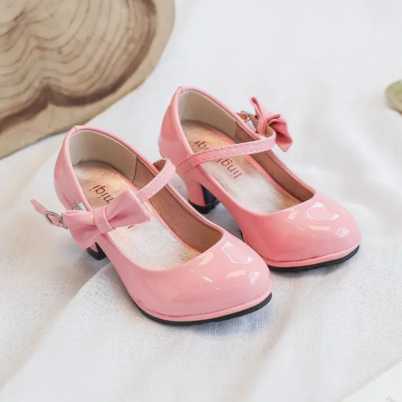 Spirng Formal All Black Shoes Children High Heel Girls Shoes Performance Wedding Party Princess School Girl Dress Shoes D12053
