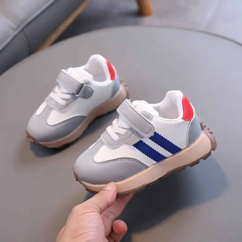 2024 New Spring Fall Sport Shoes for Boys Fashion Patchwork Stripes Dad Sneakers for Girls Black Khaki Gray Kids Trainers H08034