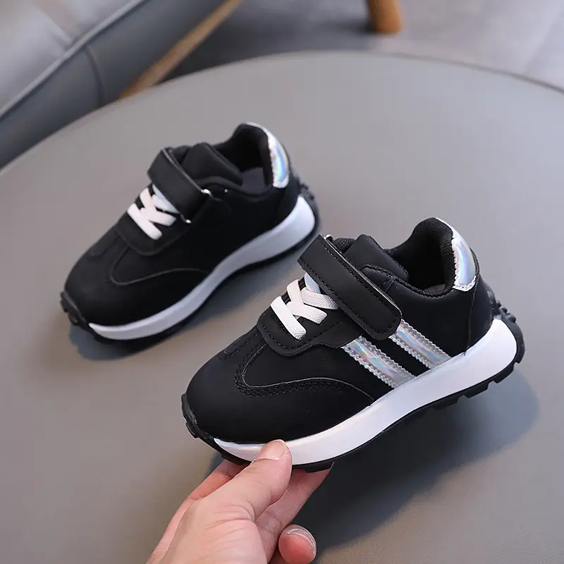 2024 New Spring Fall Sport Shoes for Boys Fashion Patchwork Stripes Dad Sneakers for Girls Black Khaki Gray Kids Trainers H08034