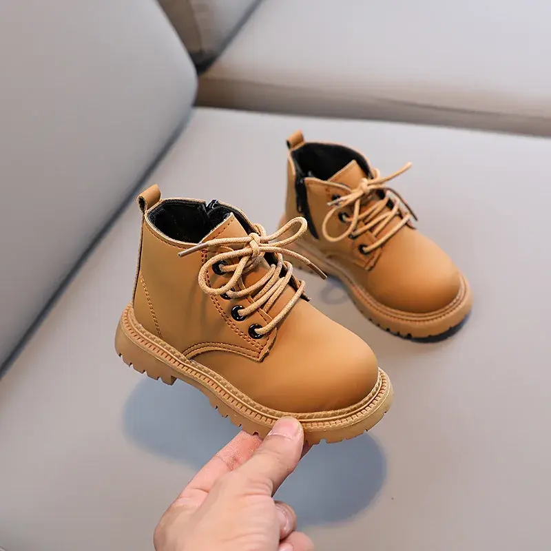 Brand Designer Children Short Boots Simple Pure Color Shoes for Kids Girls Boys Casual Lace Up Student Shoe Child Boots I01129