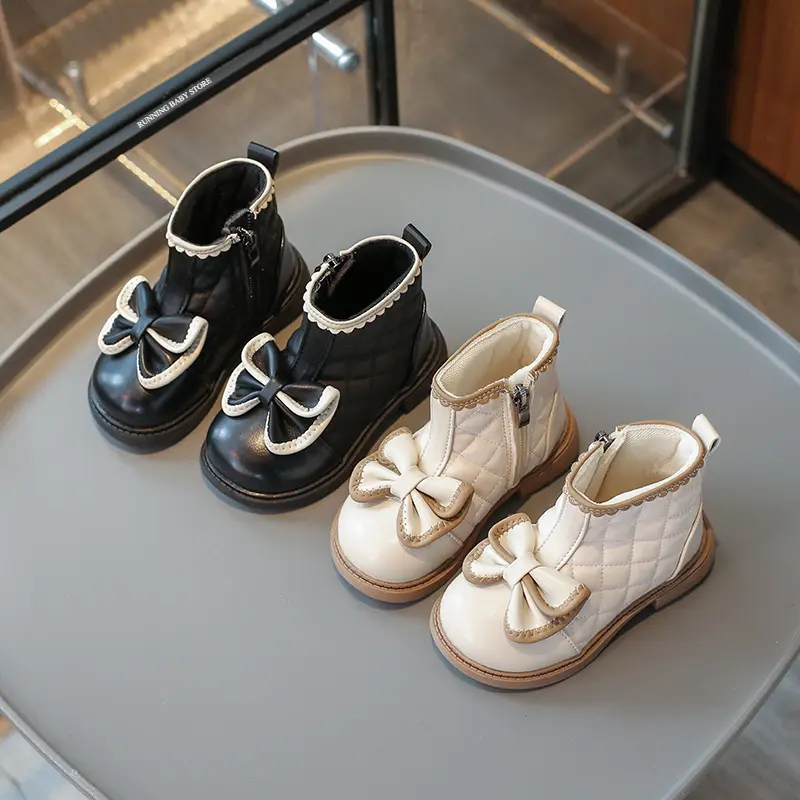 Plaid Children Outdoor Ankle Shoes Windproof Fall Winter Baby Girl Boots Soft Sole Non-slip Butterfly-knot Princess Shoes I01202