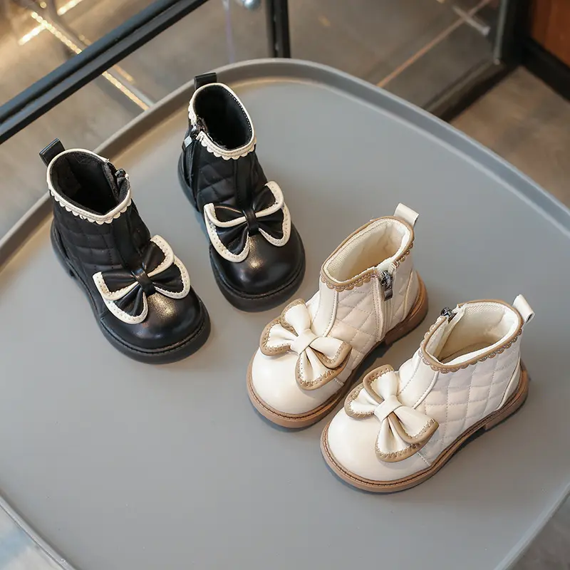 Plaid Children Outdoor Ankle Shoes Windproof Fall Winter Baby Girl Boots Soft Sole Non-slip Butterfly-knot Princess Shoes I01202