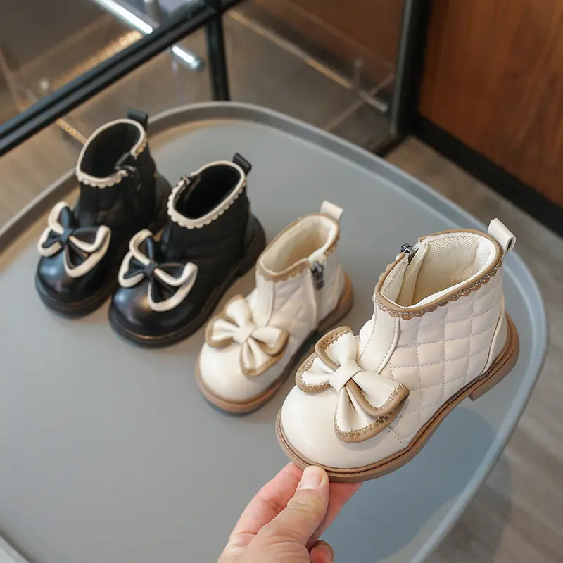 Plaid Children Outdoor Ankle Shoes Windproof Fall Winter Baby Girl Boots Soft Sole Non-slip Butterfly-knot Princess Shoes I01202