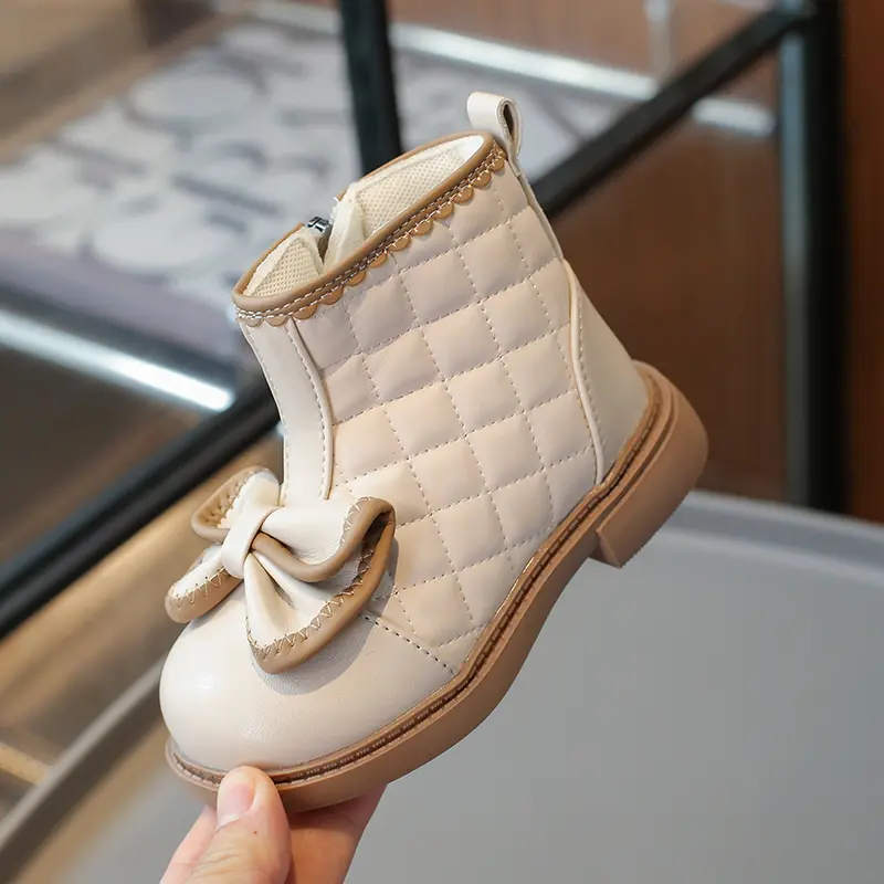 Plaid Children Outdoor Ankle Shoes Windproof Fall Winter Baby Girl Boots Soft Sole Non-slip Butterfly-knot Princess Shoes I01202