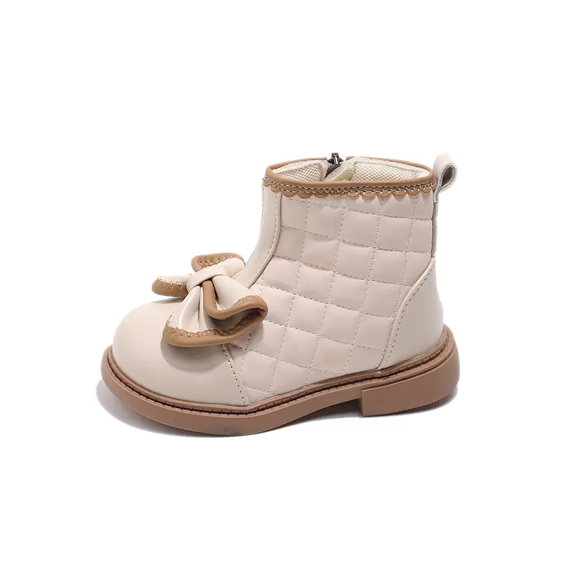 Plaid Children Outdoor Ankle Shoes Windproof Fall Winter Baby Girl Boots Soft Sole Non-slip Butterfly-knot Princess Shoes I01202