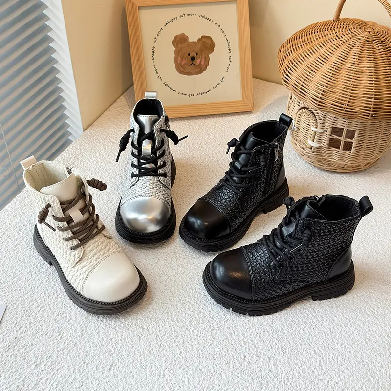 Braided Vamp Children Boots for Kids Girls Autumn Winter Princess Platform Boots Student Side Zip Ankle Boots Shoes Child I07297
