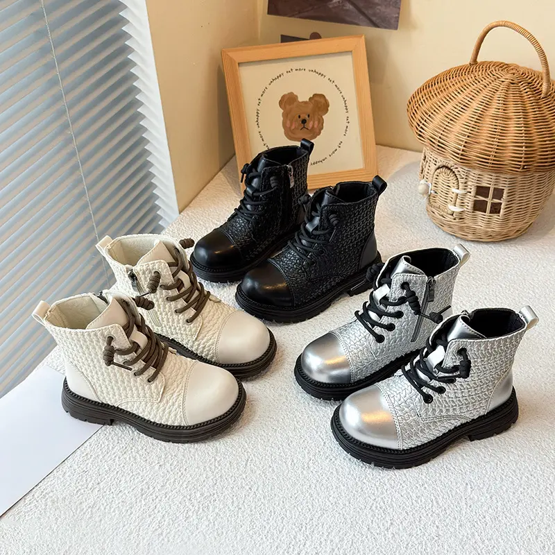 Braided Vamp Children Boots for Kids Girls Autumn Winter Princess Platform Boots Student Side Zip Ankle Boots Shoes Child I07297