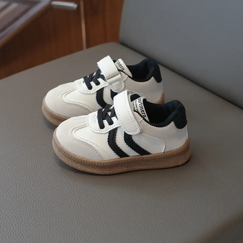 Super Children's Flat Casual Shoes Students Shallow Stripes Girls Sneakers Leather Kids Shoes for Boys Patchwork Footwear H07221