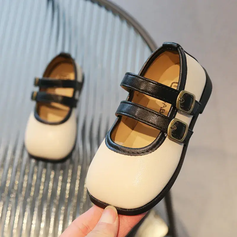 2025 England Style Square Toe Girls Leather Shoes Hook&loop Strape Dress Shoes Child Black Beige Mix Color Vacation Shoes I08121