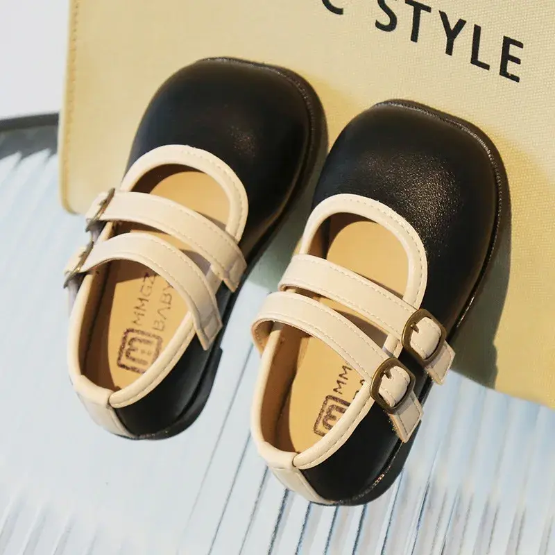 2025 England Style Square Toe Girls Leather Shoes Hook&loop Strape Dress Shoes Child Black Beige Mix Color Vacation Shoes I08121