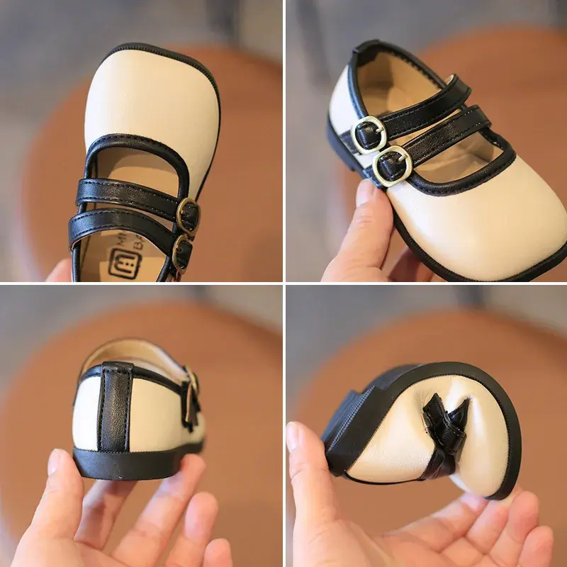 2025 England Style Square Toe Girls Leather Shoes Hook&loop Strape Dress Shoes Child Black Beige Mix Color Vacation Shoes I08121