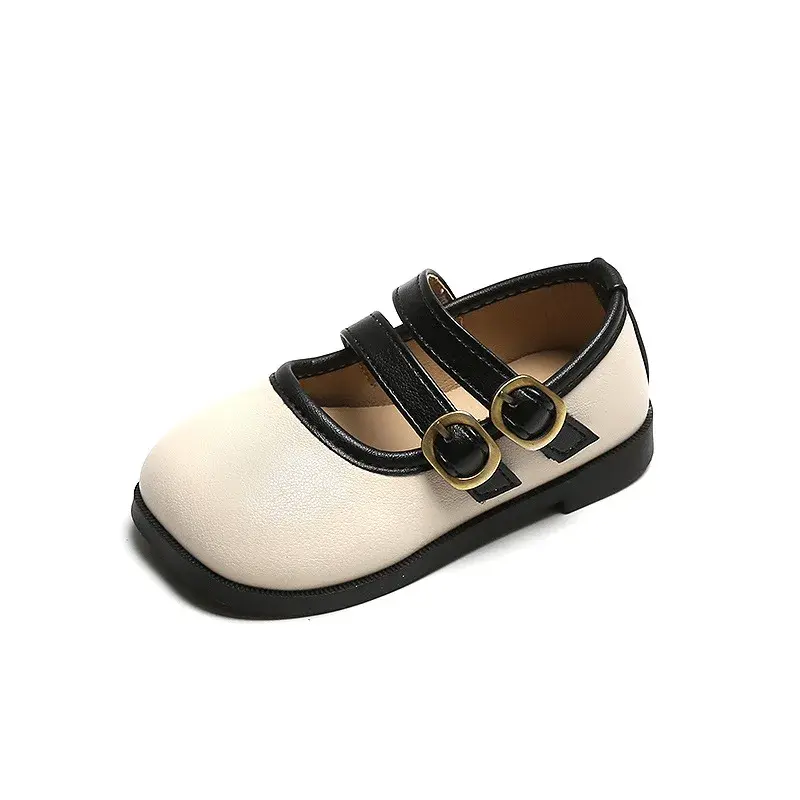 2025 England Style Square Toe Girls Leather Shoes Hook&loop Strape Dress Shoes Child Black Beige Mix Color Vacation Shoes I08121