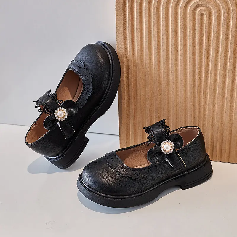 Top Options Lace Bow-tie Baby Girl Wedding Shoes Chic Floral Bordered Black Beige Dreamlike Student Children Shoes Girls I07188
