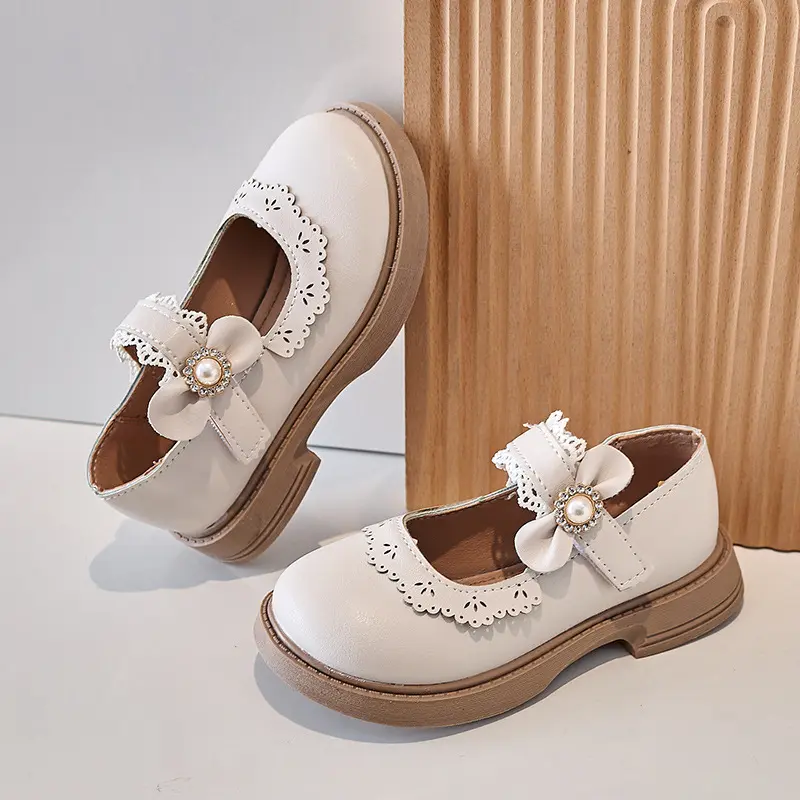 Top Options Lace Bow-tie Baby Girl Wedding Shoes Chic Floral Bordered Black Beige Dreamlike Student Children Shoes Girls I07188