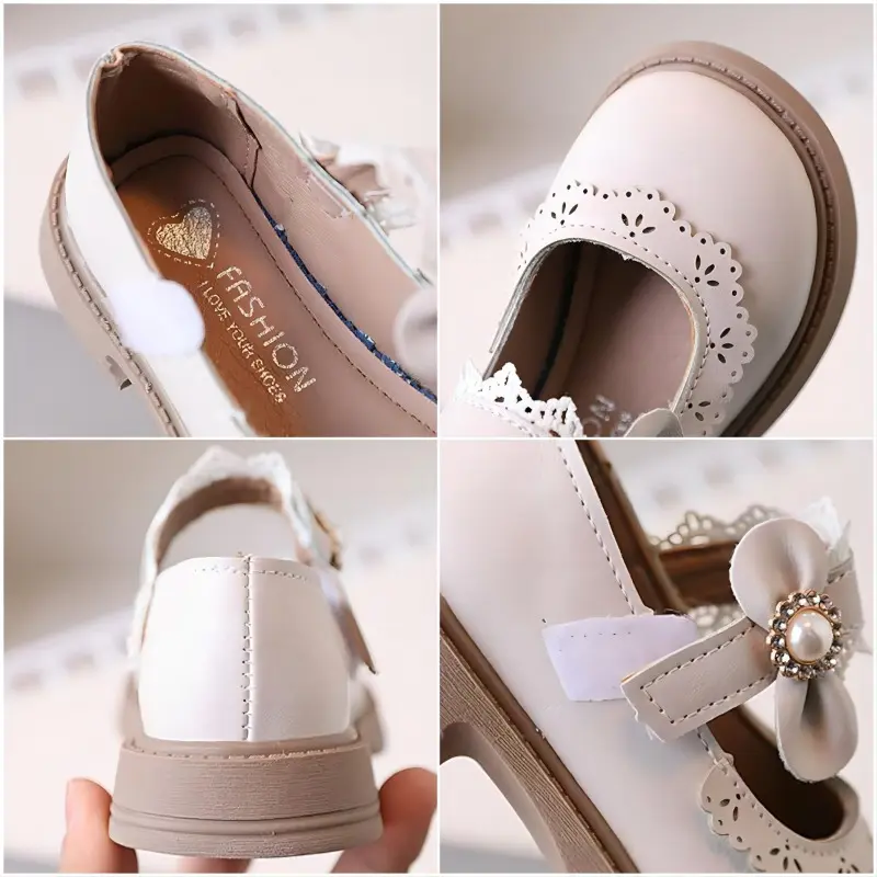 Top Options Lace Bow-tie Baby Girl Wedding Shoes Chic Floral Bordered Black Beige Dreamlike Student Children Shoes Girls I07188