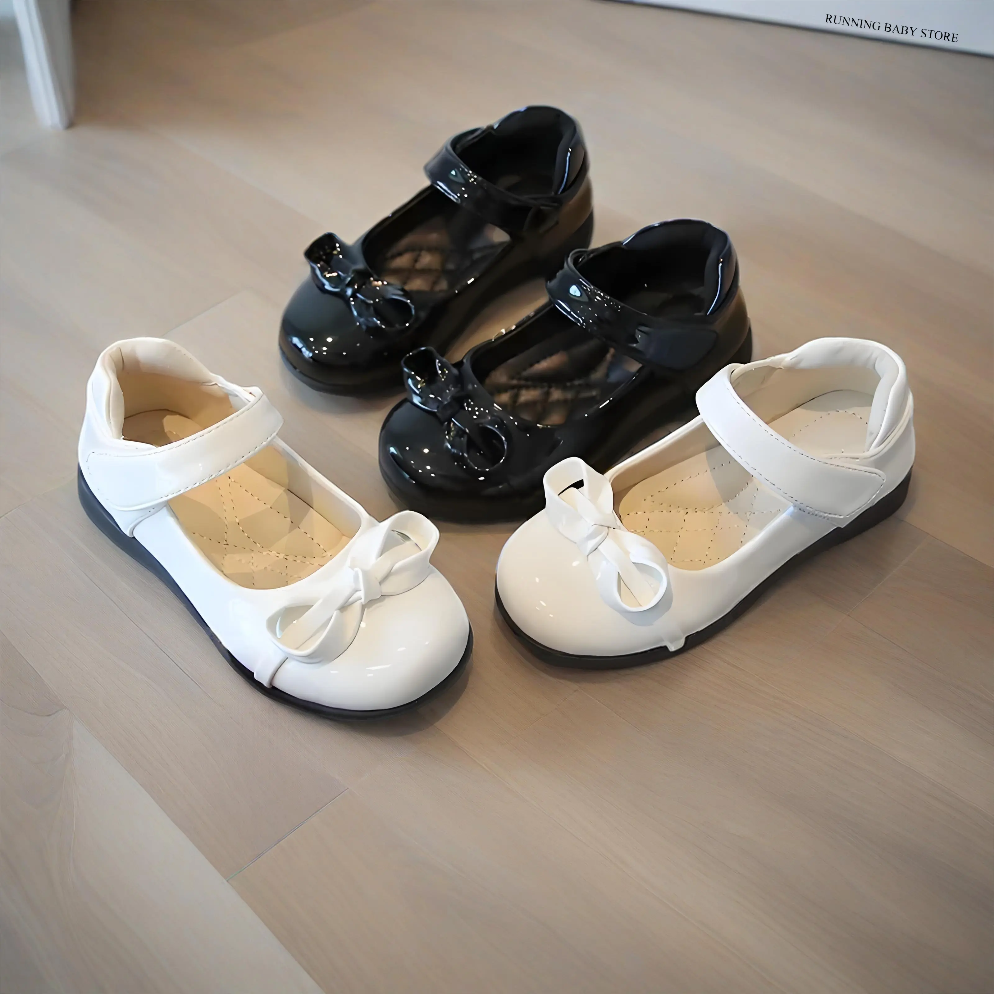 Simple bow embellished brightly upper black leather shoes for Girls Classic Formal Black Dress Shoes New Kids White Shoes I07134