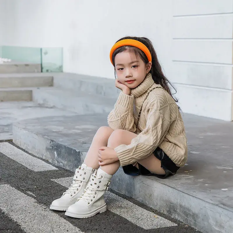 Mid-calf Girl Boots Stylish Punk Style Children Long Boots 2025 Autumn Winter Catwalk Party Shoes Boots for Kids Girls I07068
