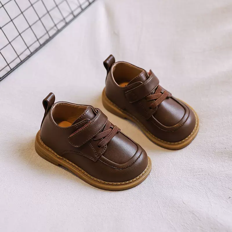 2024 New Baby PU Leather Shoes Kids Flat Heel Toddler Boy Shoes Wedding Party Black Brown Beige Solid Infant Shoes Girls H01133