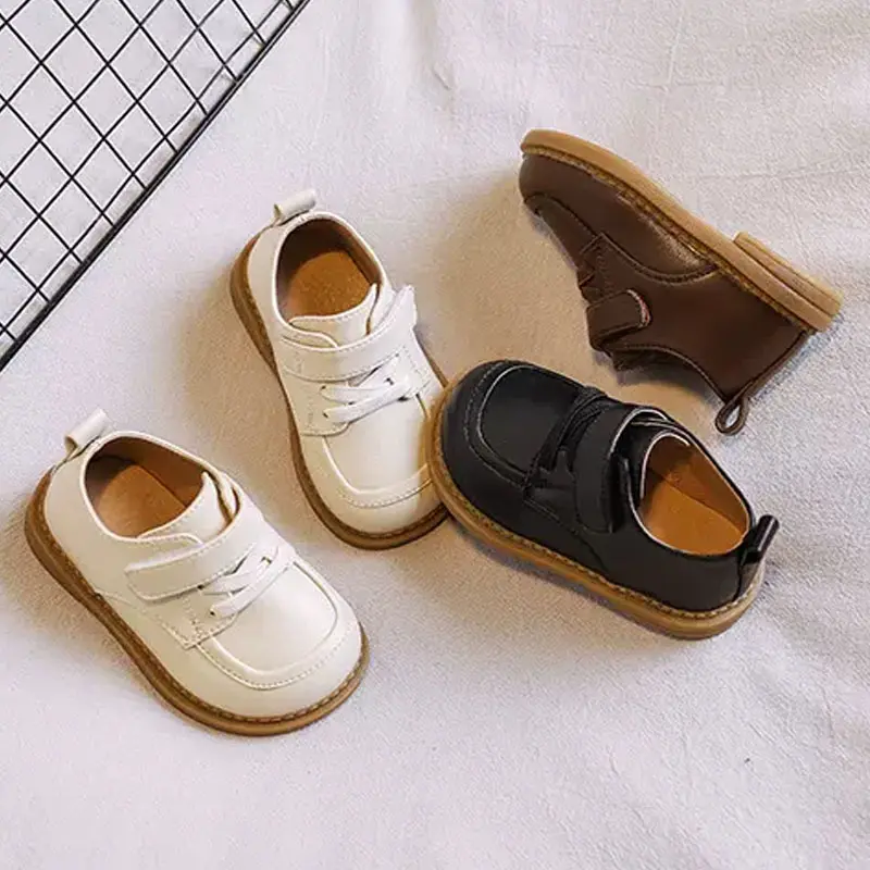2024 New Baby PU Leather Shoes Kids Flat Heel Toddler Boy Shoes Wedding Party Black Brown Beige Solid Infant Shoes Girls H01133