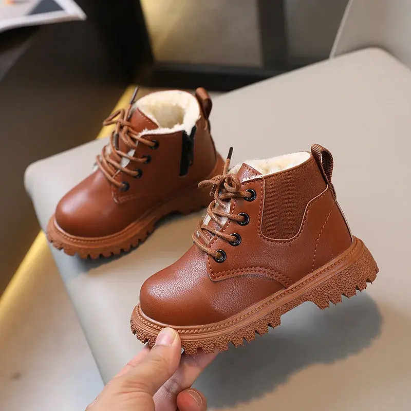 Fall Winter Boots Kids Warm Thicken Cotton Boys Girls Ankle Boots Lace Up Side Zip Non Slip Shoes Snow Boots for Children I07137