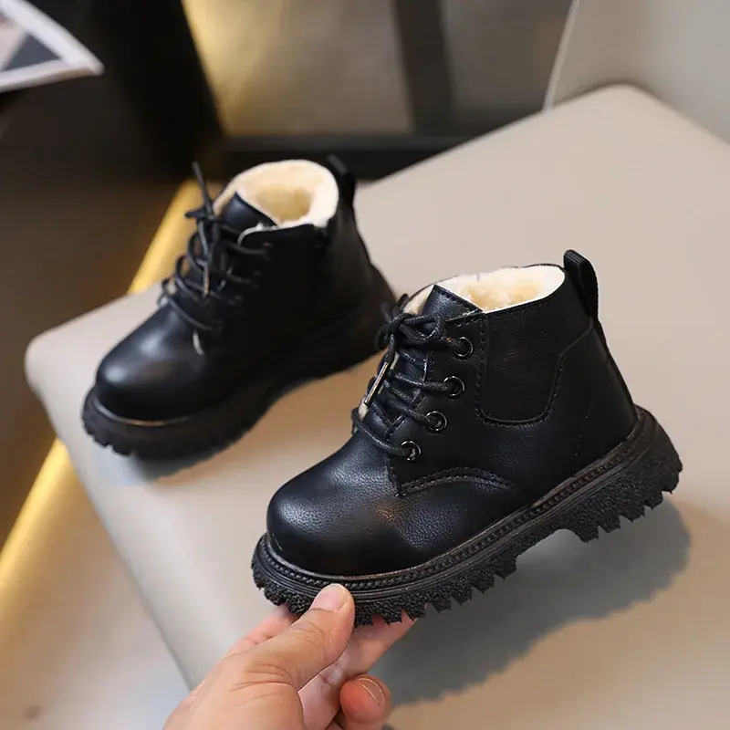 Fall Winter Boots Kids Warm Thicken Cotton Boys Girls Ankle Boots Lace Up Side Zip Non Slip Shoes Snow Boots for Children I07137