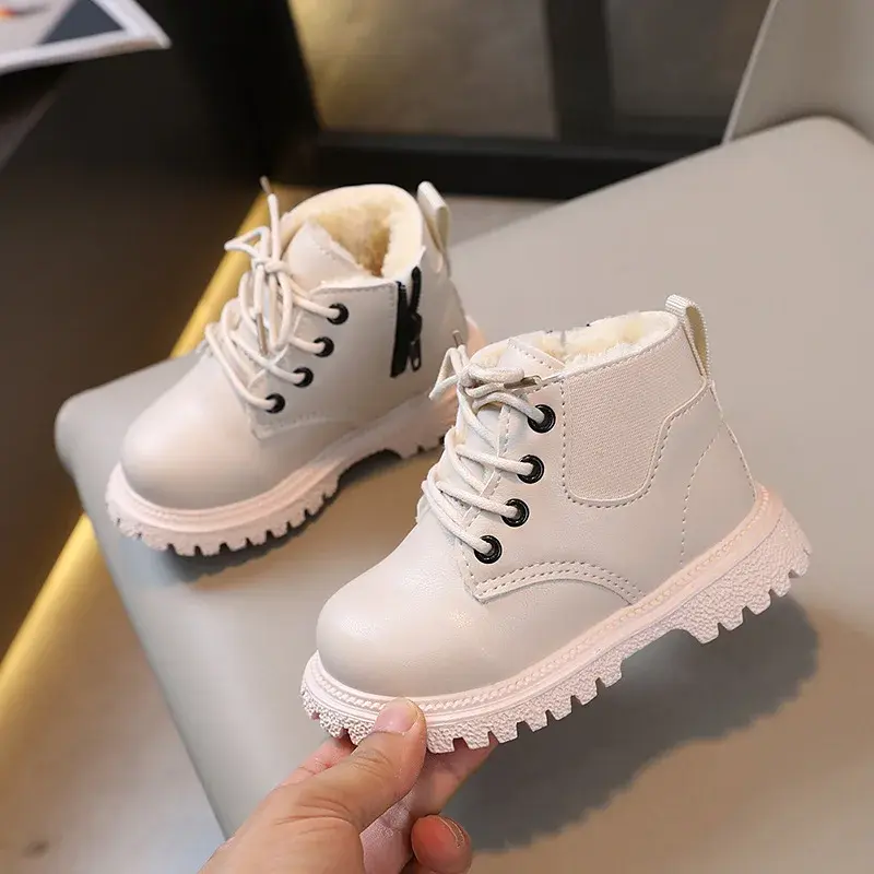 Fall Winter Boots Kids Warm Thicken Cotton Boys Girls Ankle Boots Lace Up Side Zip Non Slip Shoes Snow Boots for Children I07137