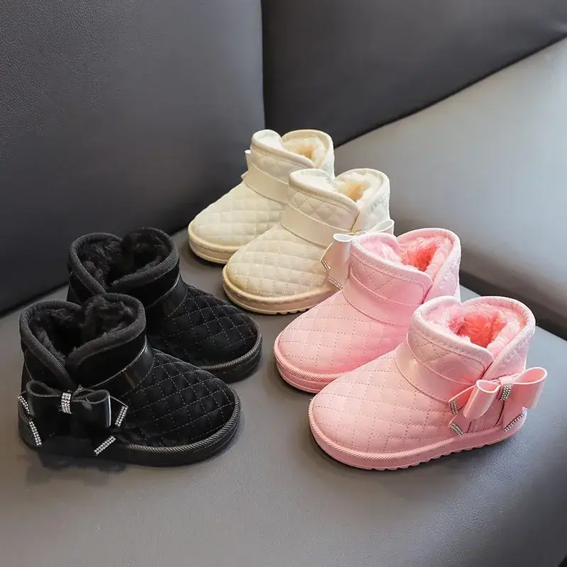 2025 New Style Winter Snow Boots Cute Butterlfy-knot Princess Girls Waterproof Ankle Boots Plush Lined Warm Flat Shoes I07132