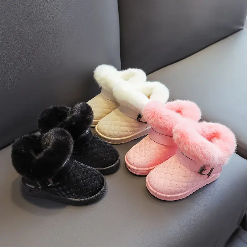 Girls Snow Boots Winter Warm Plush Non-Slip Children Ankle Boot Plaid Comfort Little Girl Thick Velvet Cotton Fur Shoes I07133