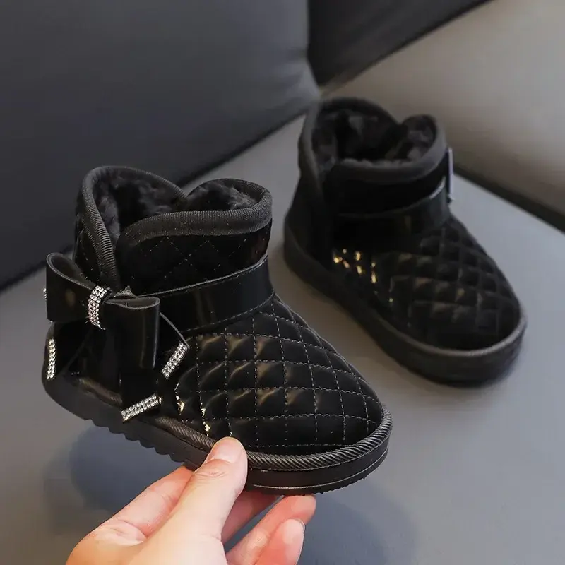 2025 New Style Winter Snow Boots Cute Butterlfy-knot Princess Girls Waterproof Ankle Boots Plush Lined Warm Flat Shoes I07132