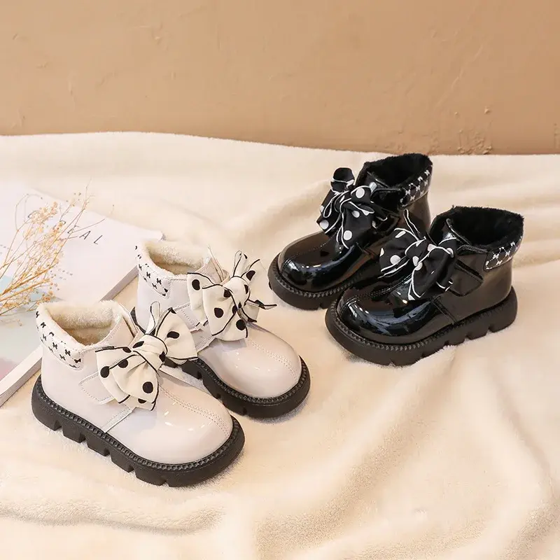 Winter Girls Ankle Boots Fashion Non-slip Brightly PU Leather Short Boots Cute Polka Dot Bowtie Child Little Girl Boots I07131