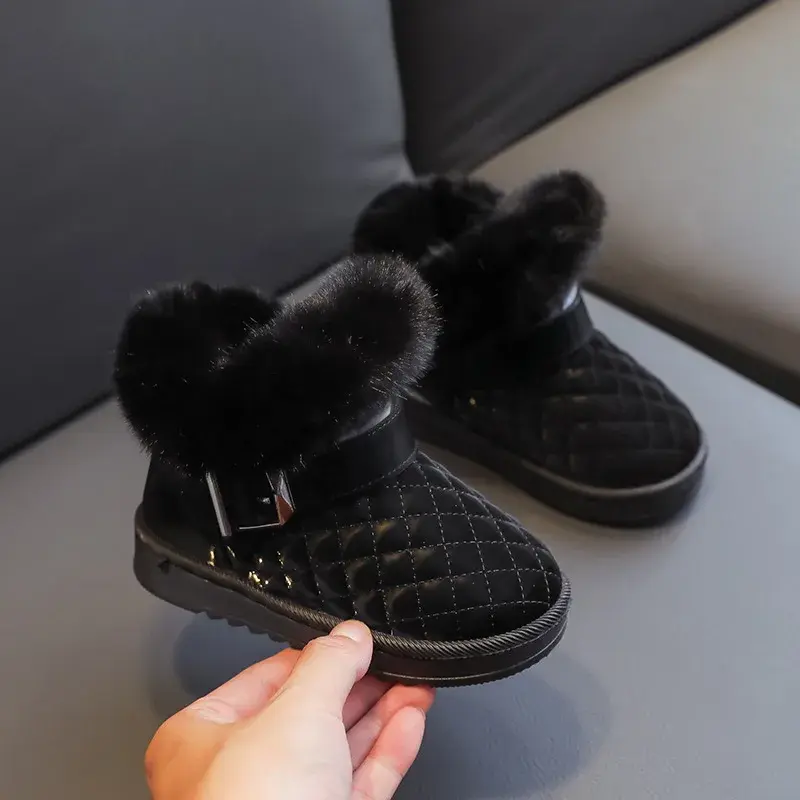 Girls Snow Boots Winter Warm Plush Non-Slip Children Ankle Boot Plaid Comfort Little Girl Thick Velvet Cotton Fur Shoes I07133