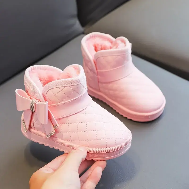2025 New Style Winter Snow Boots Cute Butterlfy-knot Princess Girls Waterproof Ankle Boots Plush Lined Warm Flat Shoes I07132