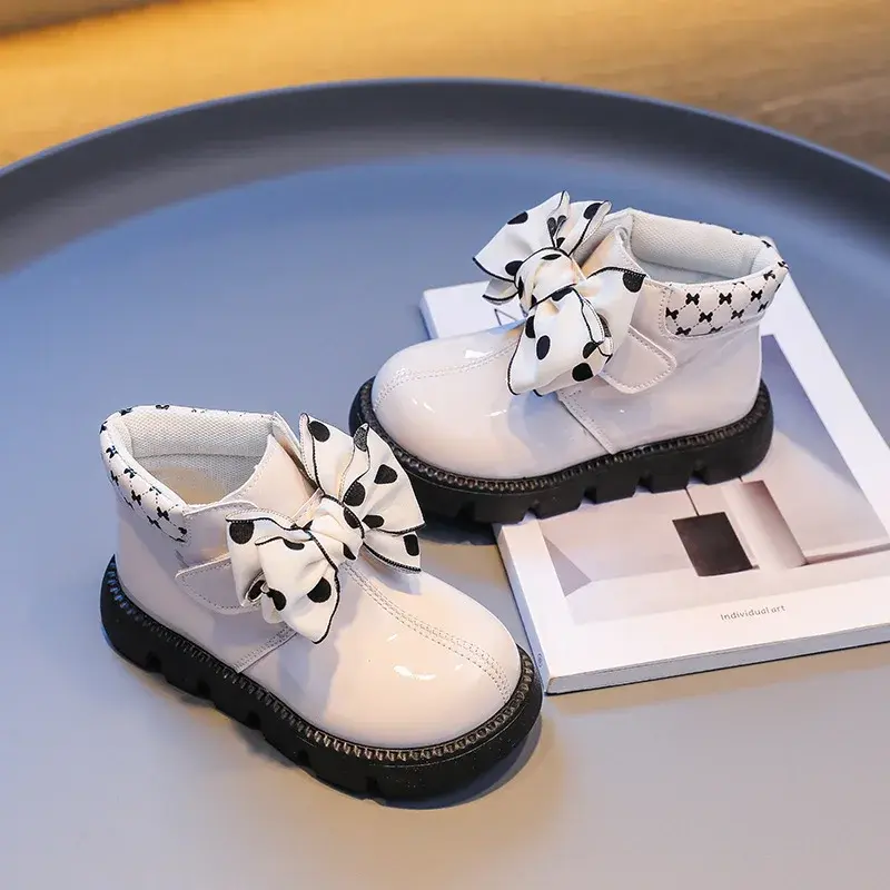 Winter Girls Ankle Boots Fashion Non-slip Brightly PU Leather Short Boots Cute Polka Dot Bowtie Child Little Girl Boots I07131