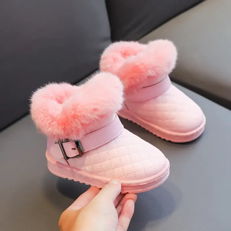 Girls Snow Boots Winter Warm Plush Non-Slip Children Ankle Boot Plaid Comfort Little Girl Thick Velvet Cotton Fur Shoes I07133