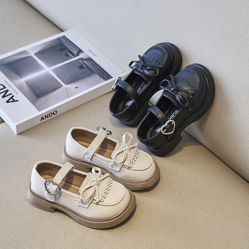 Spring New Girls Leather Shoes Princess Cute Bow-knot Baby Girl Shoes Soft Bottom Love Buckle Kids Sneakers Student Shoes I07127