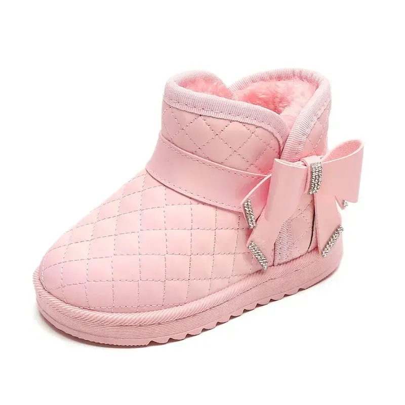 2025 New Style Winter Snow Boots Cute Butterlfy-knot Princess Girls Waterproof Ankle Boots Plush Lined Warm Flat Shoes I07132