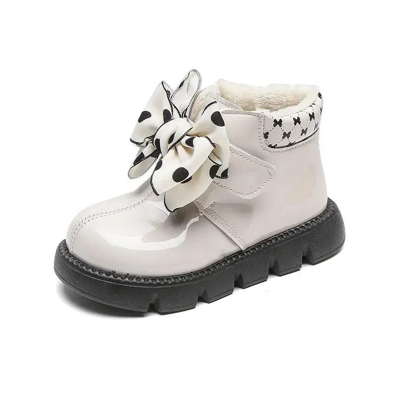 Winter Girls Ankle Boots Fashion Non-slip Brightly PU Leather Short Boots Cute Polka Dot Bowtie Child Little Girl Boots I07131