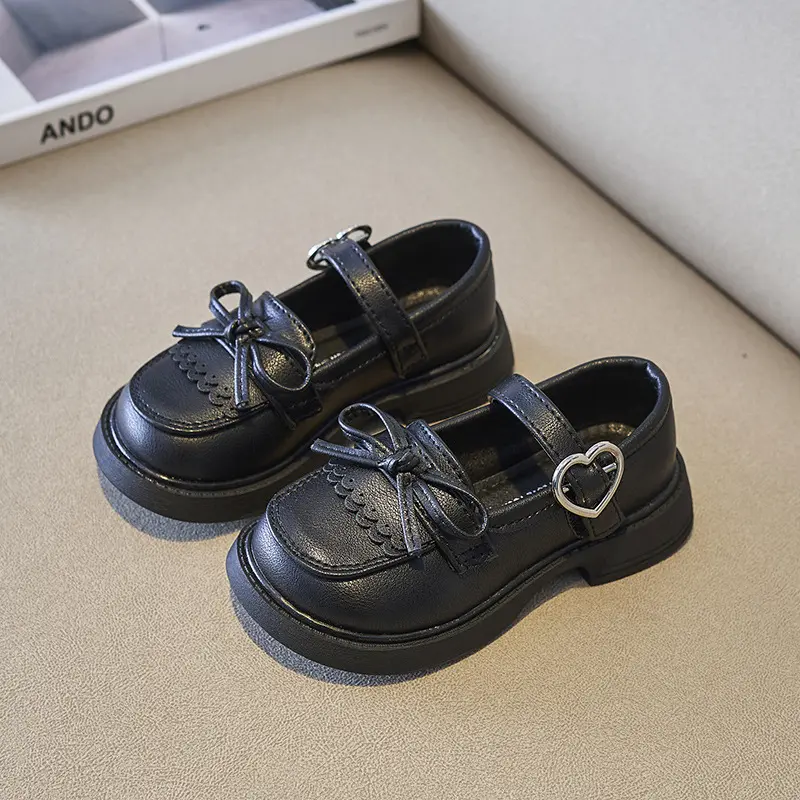 Spring New Girls Leather Shoes Princess Cute Bow-knot Baby Girl Shoes Soft Bottom Love Buckle Kids Sneakers Student Shoes I07127