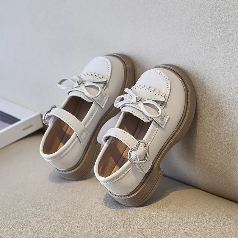 Spring New Girls Leather Shoes Princess Cute Bow-knot Baby Girl Shoes Soft Bottom Love Buckle Kids Sneakers Student Shoes I07127