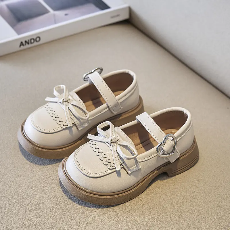 Spring New Girls Leather Shoes Princess Cute Bow-knot Baby Girl Shoes Soft Bottom Love Buckle Kids Sneakers Student Shoes I07127
