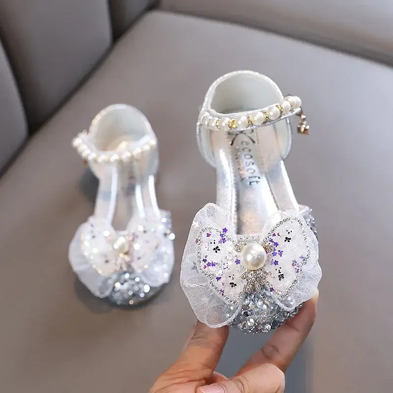 New Girl Princess Sandals Spring Summer Children Bling Bow Leather Sandals Fashion Baby Kids Pearl Flat Non-slip Sandals I06164