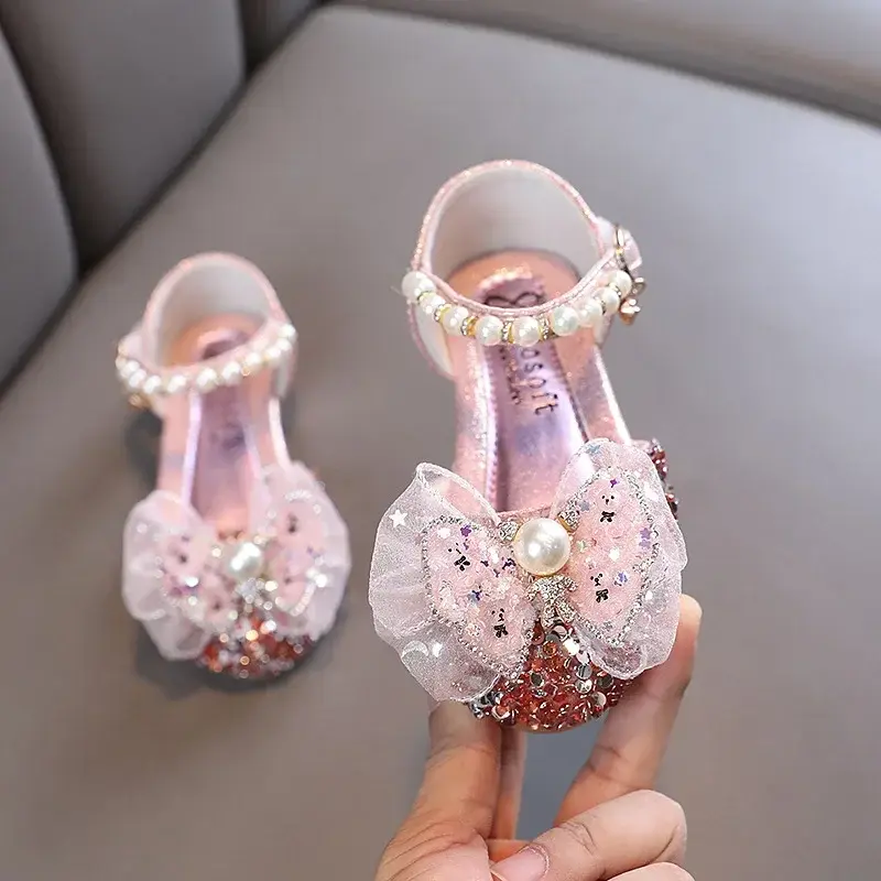 New Girl Princess Sandals Spring Summer Children Bling Bow Leather Sandals Fashion Baby Kids Pearl Flat Non-slip Sandals I06164