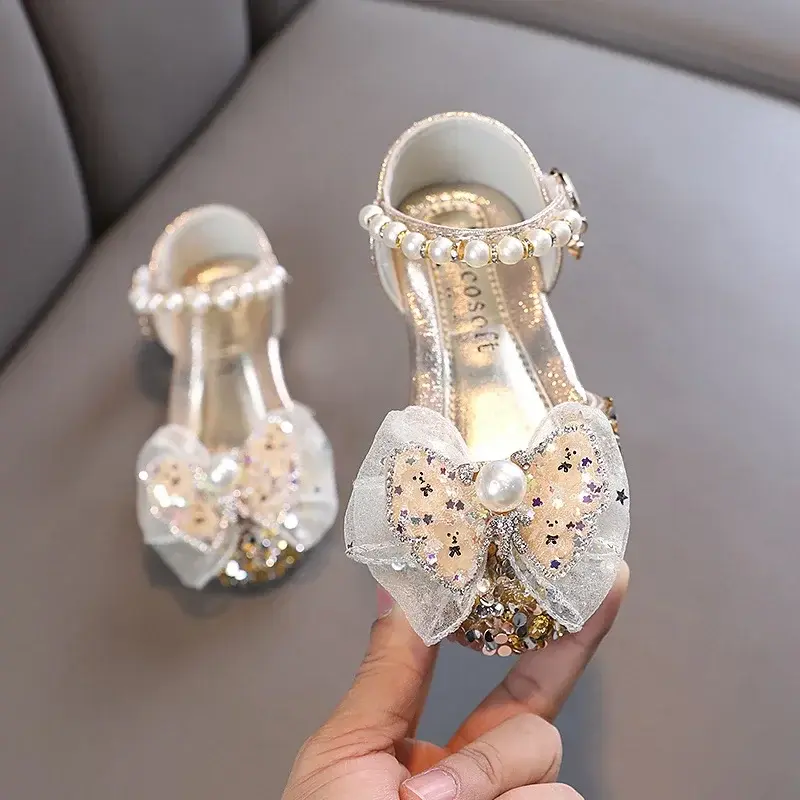New Girl Princess Sandals Spring Summer Children Bling Bow Leather Sandals Fashion Baby Kids Pearl Flat Non-slip Sandals I06164