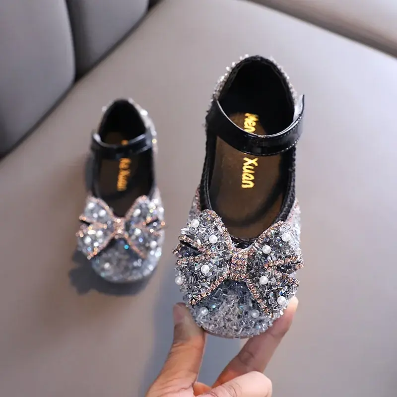 2025 Spring Summer Runway Casual Girls Butterfly-knot Dancing Shoes Pearl Gorgeous Rhinestone Upper Mary Jane Shoes Kids I02051
