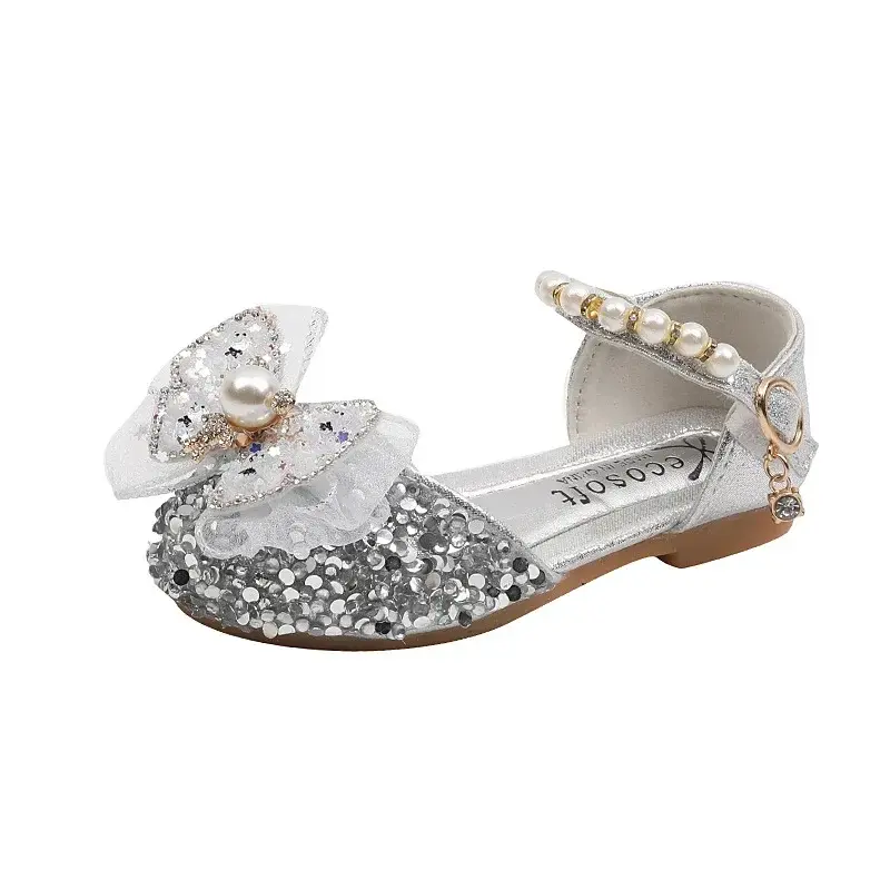 New Girl Princess Sandals Spring Summer Children Bling Bow Leather Sandals Fashion Baby Kids Pearl Flat Non-slip Sandals I06164