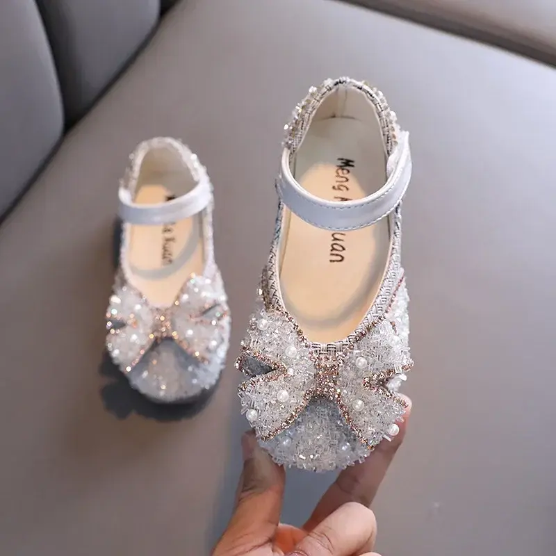 2025 Spring Summer Runway Casual Girls Butterfly-knot Dancing Shoes Pearl Gorgeous Rhinestone Upper Mary Jane Shoes Kids I02051