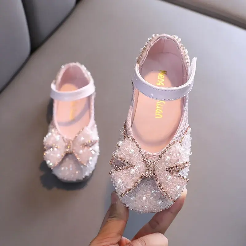 2025 Spring Summer Runway Casual Girls Butterfly-knot Dancing Shoes Pearl Gorgeous Rhinestone Upper Mary Jane Shoes Kids I02051
