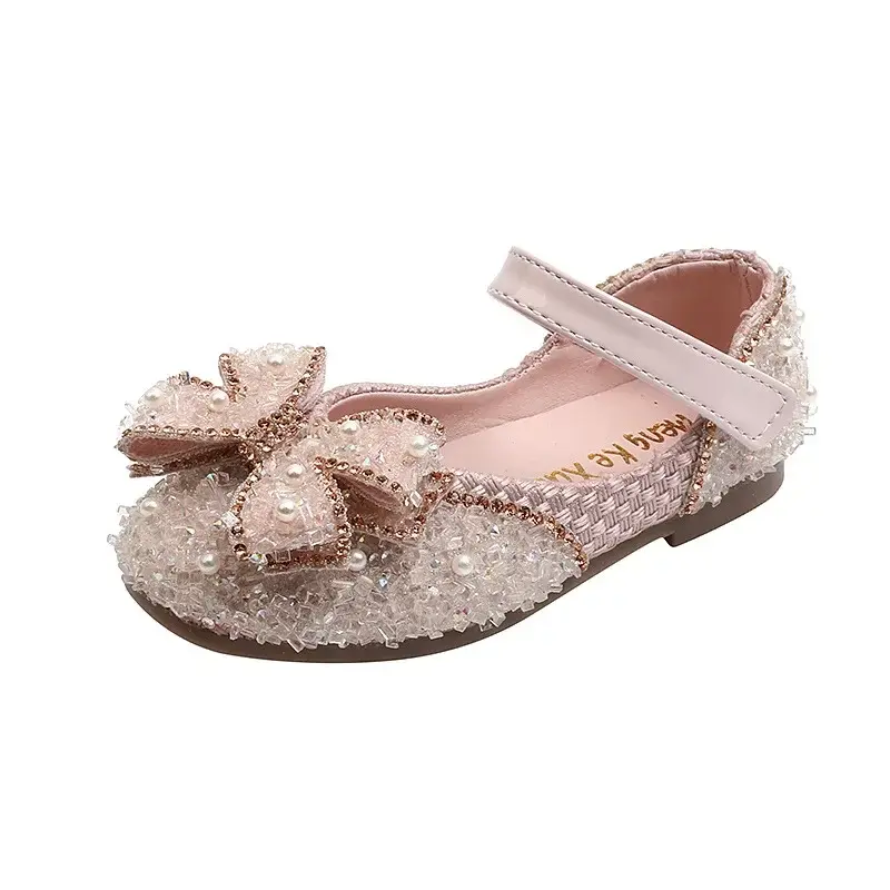 2025 Spring Summer Runway Casual Girls Butterfly-knot Dancing Shoes Pearl Gorgeous Rhinestone Upper Mary Jane Shoes Kids I02051
