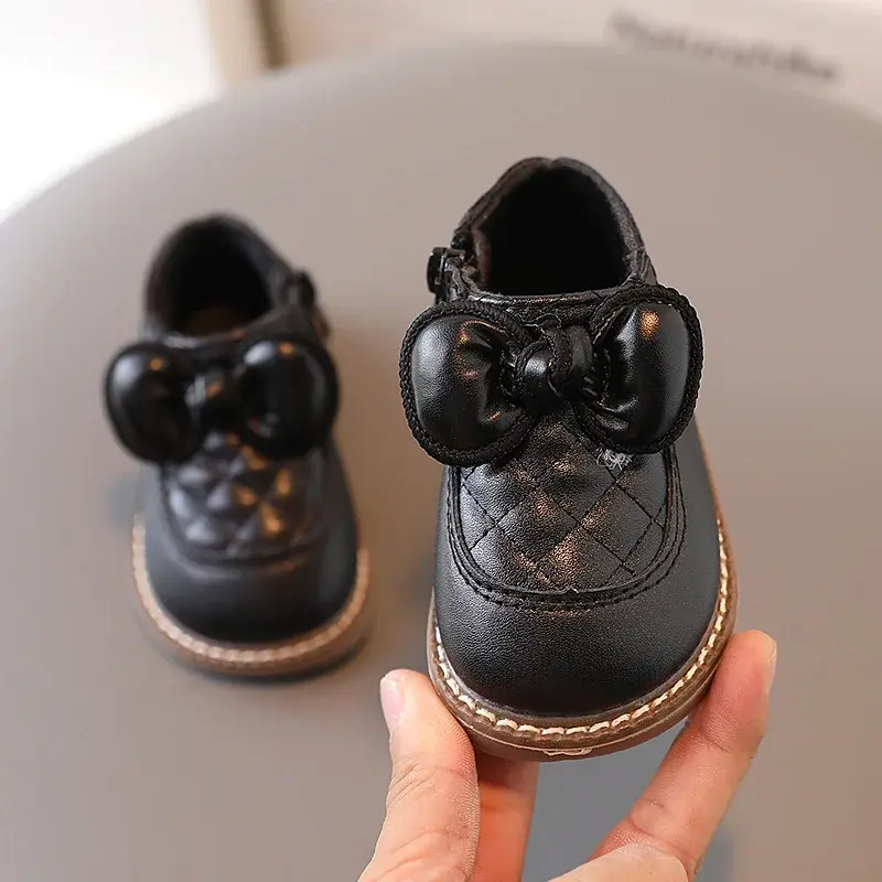 Cute Butterfly-knot Shoes for Baby Girl Plaid Infant Fisrt Shoes Winter Velvet PU Leather Shoes Toddler Walking  Footwear H07031
